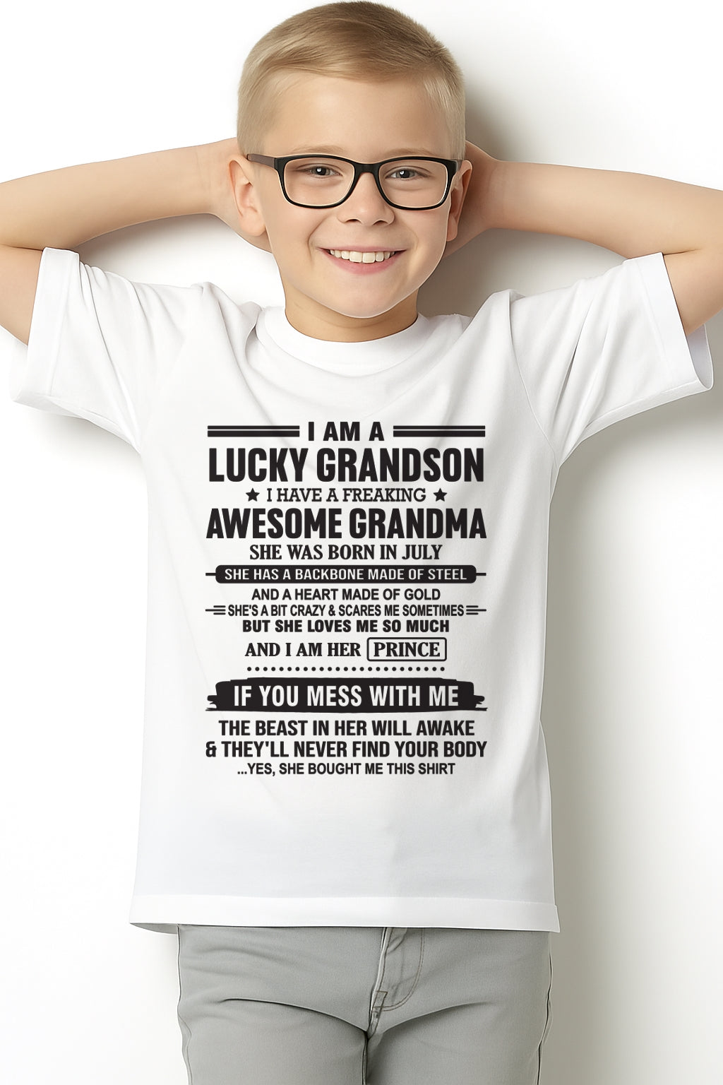 I Am A Lucky Grandson T-Shirt – Birthday Gift From July Grandma / Woman - kien07 (SKU11-29-07)