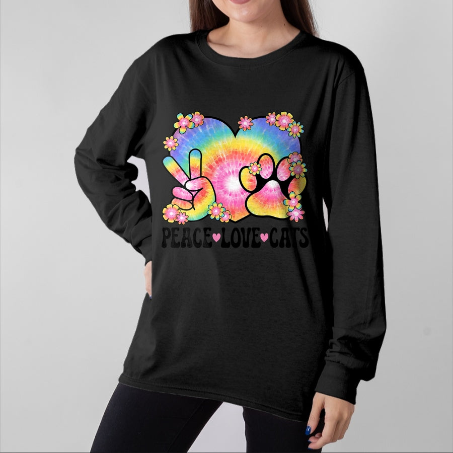 Cat Love Shirt, Funny Cat Lover Gift UnisexT-Shirt/Hoodie/Sweatshirt HLT00 - Peace Love Cats Owner 60s 70s Hippie Outfit Cute Cat Lover Men Women Kids T-Shirt