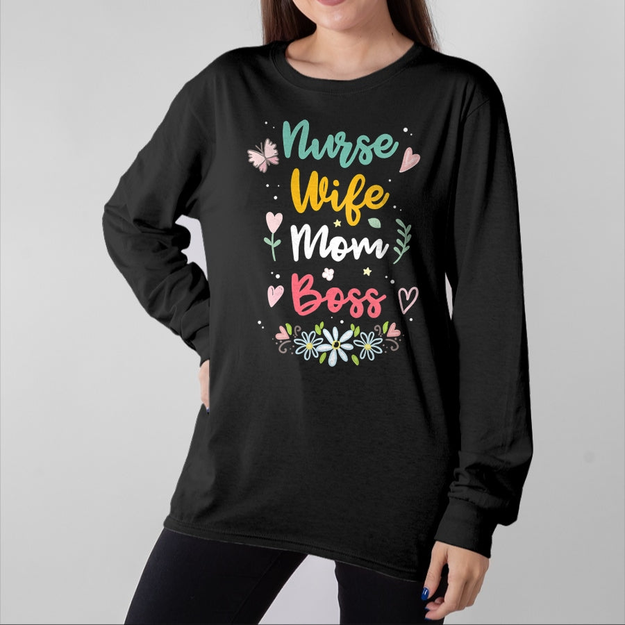 Funny Nurse Shirt, Nurse Unisex T-Shirt/Hoodie/Sweatshirt HLT00 - Womens Nurse Wife Mom Boss V-Neck T-Shirt