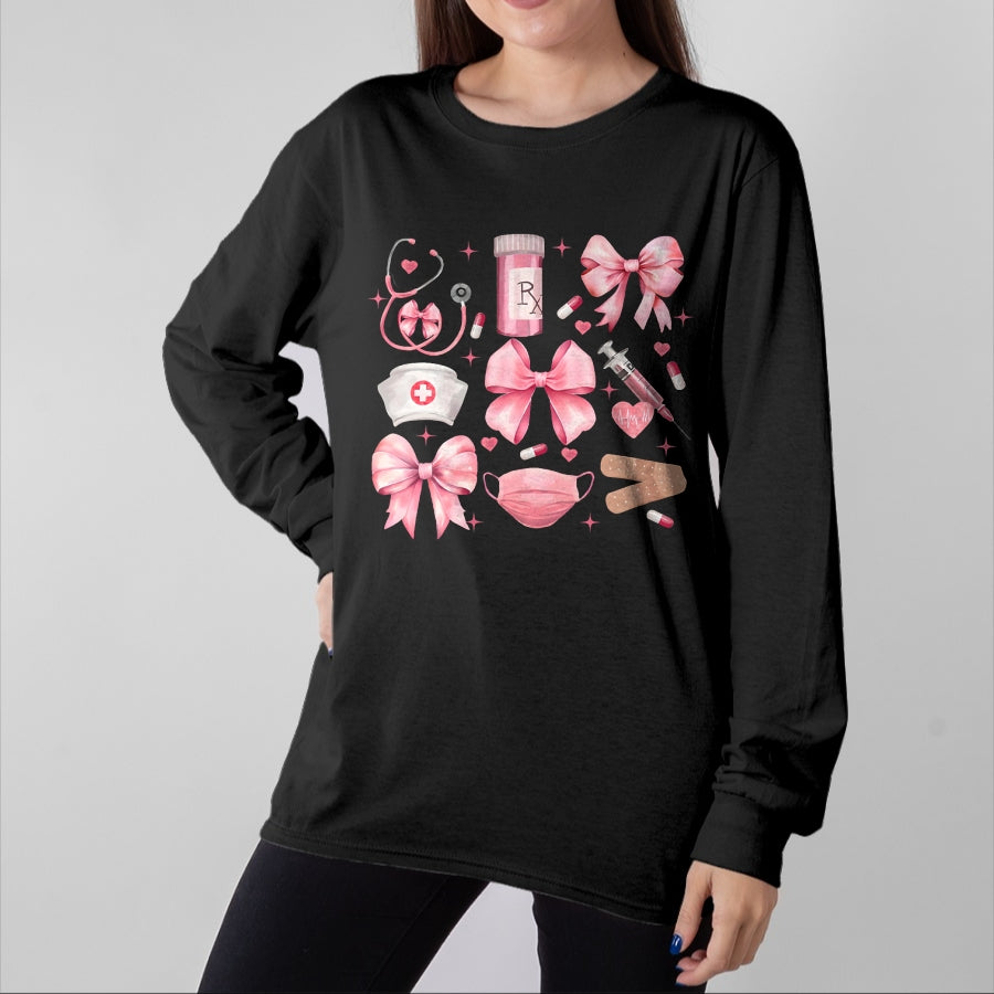 Funny Nurse Shirt, Nurse Unisex T-Shirt/Hoodie/Sweatshirt HLT00 - Women Pink Retro Nurse Coquette Pink Bow Girlie Nurse Life T-Shirt