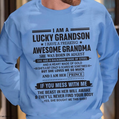 I Am A Lucky Grandson T-Shirt – Birthday Gift From August Grandma / Woman - kien08 (SKU11-29-08)