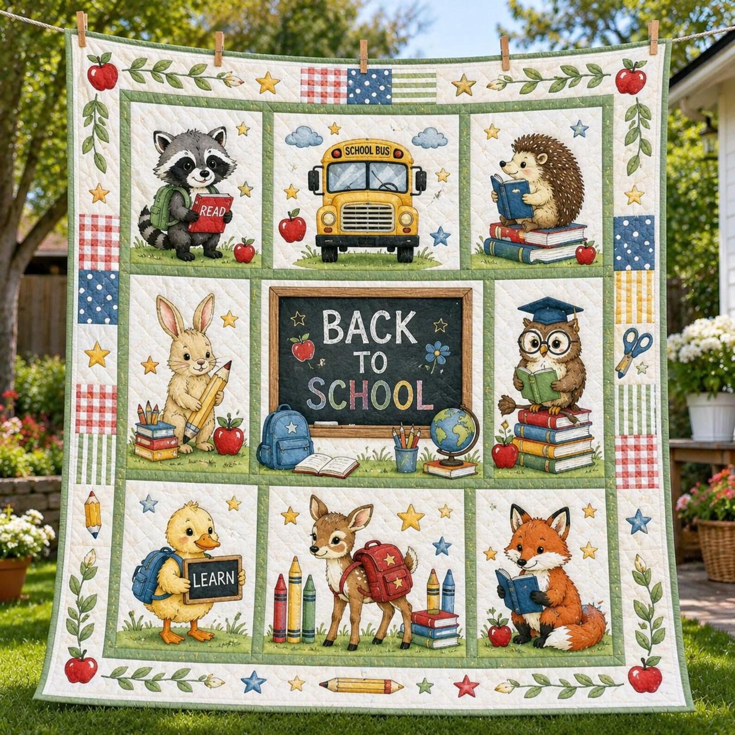 Back To School Blanket - Cute Animals School Bus Quilted Throw For Kids - KIEN00