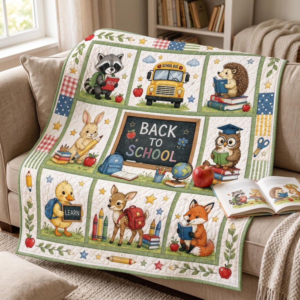 Back To School Blanket - Cute Animals School Bus Quilted Throw For Kids - KIEN00