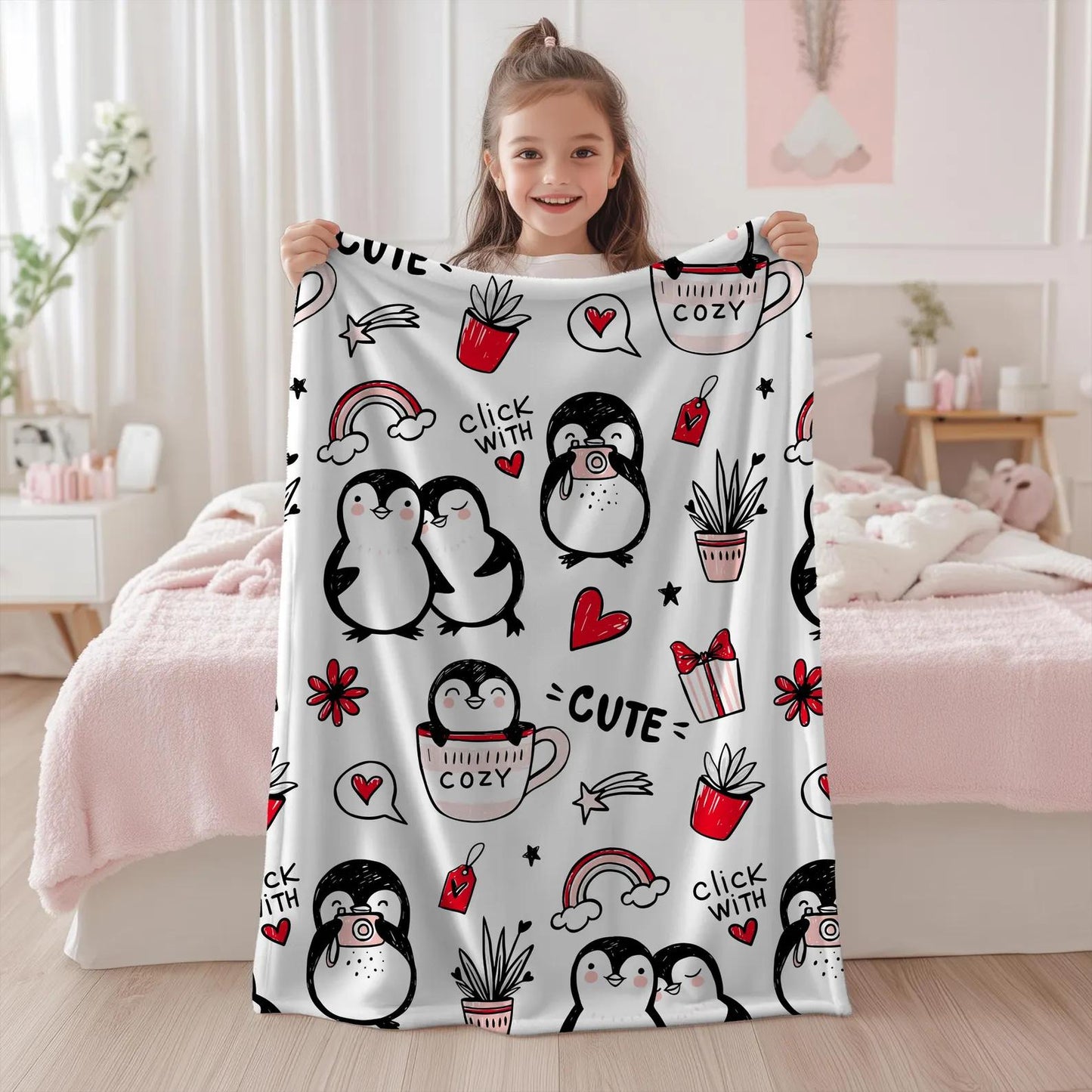 Cute Penguin Blanket - Cozy Cartoon Penguin Sherpa Fleece Throw For Kids - KIEN00