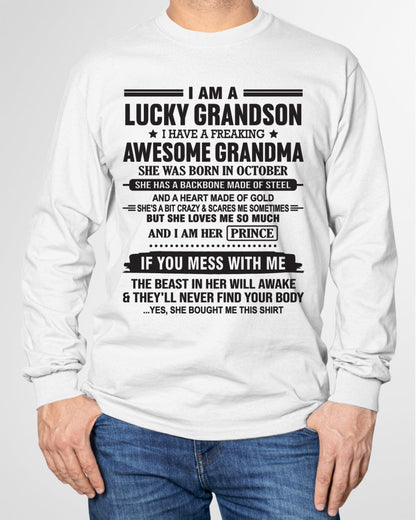 I Am A Lucky Grandson T-Shirt – Birthday Gift From October Grandma / Woman - kien10 (SKU11-29-10)