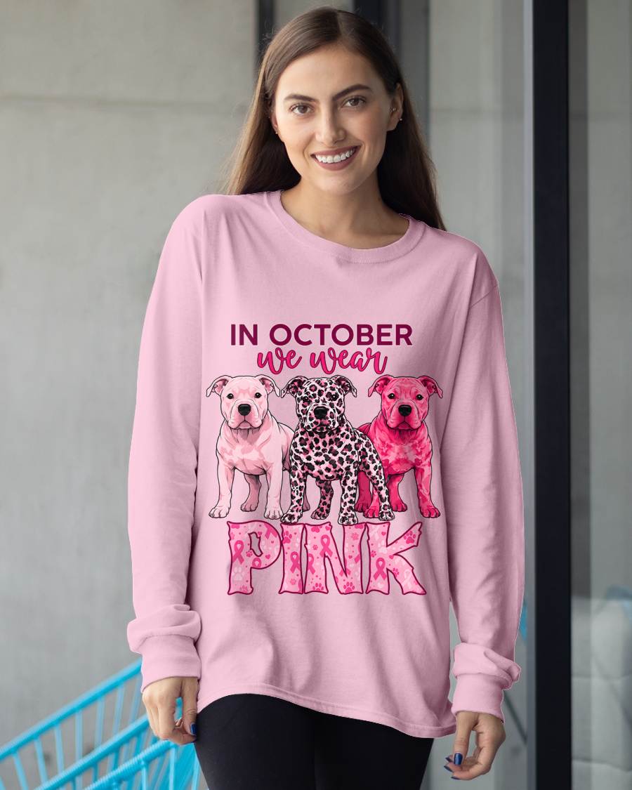 IN OCTOBER WE WEAR PINK - PITBULL MOM SHIRT FOR WOMEN - PINK OCTOBER BREAST CANCER AWARENESS - KIEN00 (SKU2608-330)