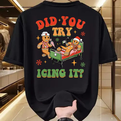 Funny Nurse Shirt, Nurse Unisex T-Shirt/Hoodie/Sweatshirt HLT00 - Retro ICU Nurse Christmas Gingerbread Did You Try Icing It T-Shirt