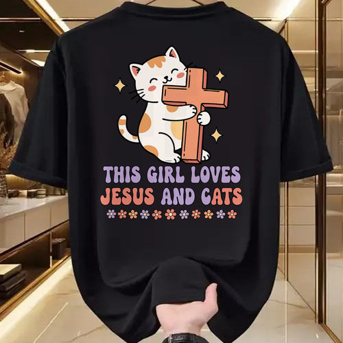 Cat Love Shirt, Funny Cat Lover Gift UnisexT-Shirt/Hoodie/Sweatshirt HLT00 - Christian This Girl Loves Jesus and Cats Cat Hugging Cross T-Shirt (1)