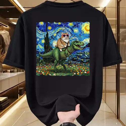 Cat Love Shirt, Funny Cat Lover Gift UnisexT-Shirt/Hoodie/Sweatshirt HLT00 - Cat Riding Dinosaur T-Rex Starry Night Van Gogh Cat Lover T-Shirt