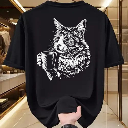 Cat Love Shirt, Funny Cat Lover Gift UnisexT-Shirt/Hoodie/Sweatshirt HLT00 - Cat Drinking Coffee Lover Barista Funny Animal Tired Cat T-Shirt