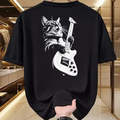 Cat Love Shirt, Funny Cat Lover Gift UnisexT-Shirt/Hoodie/Sweatshirt HLT00 - Rock Cat Playing Guitar - Funny Guitar Cat T-Shirt, Men, Heather Blue, Large