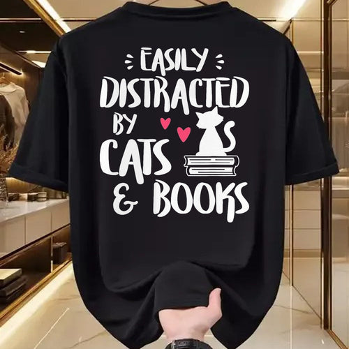 Cat Love Shirt, Funny Cat Lover Gift UnisexT-Shirt/Hoodie/Sweatshirt HLT00 - Easily Distracted by Cats and Books - Cat & Book Lover T-Shirt