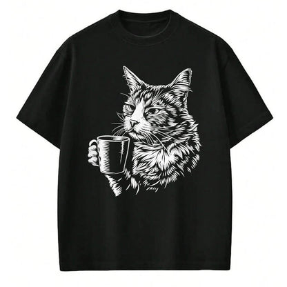 Cat Love Shirt, Funny Cat Lover Gift UnisexT-Shirt/Hoodie/Sweatshirt HLT00 - Cat Drinking Coffee Lover Barista Funny Animal Tired Cat T-Shirt