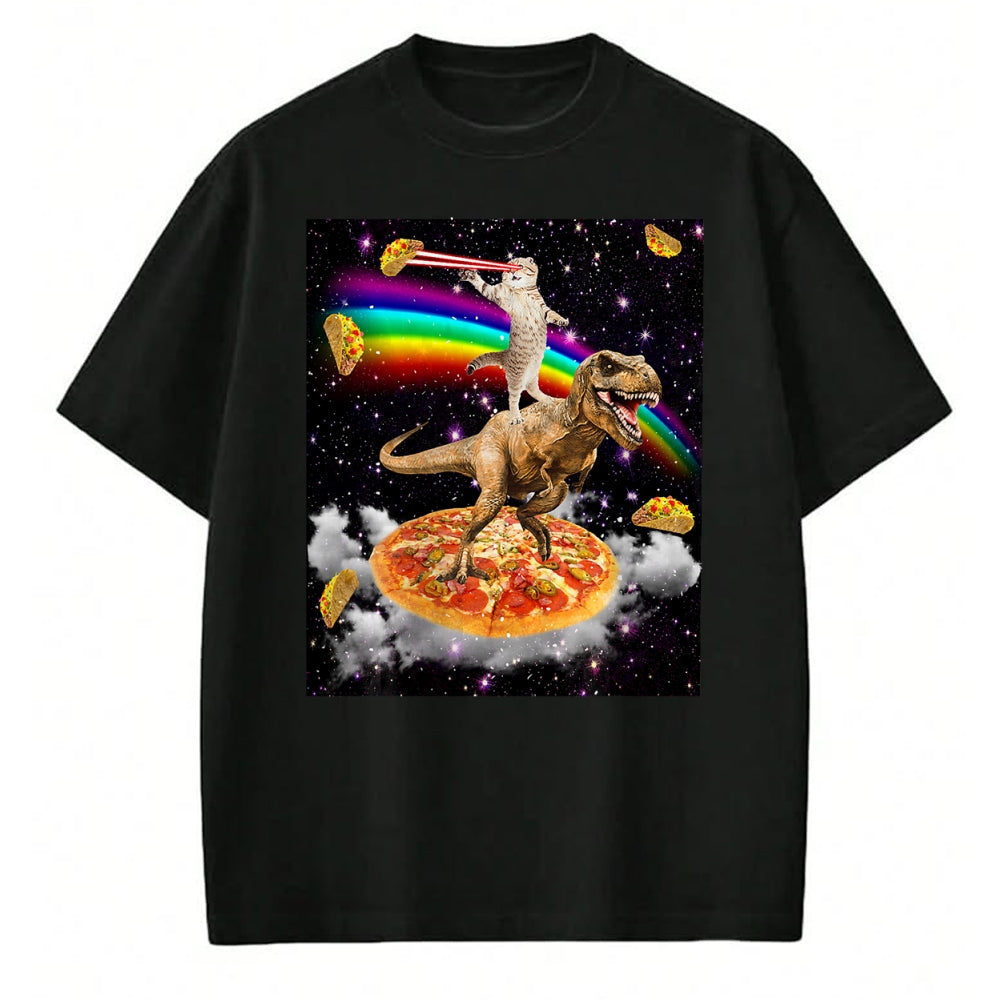 Cat Love Shirt, Funny Cat Lover Gift UnisexT-Shirt/Hoodie/Sweatshirt HLT00 - Galaxy Laser Cat on Dinosaur on Pizza with Tacos & Rainbow T-Shirt