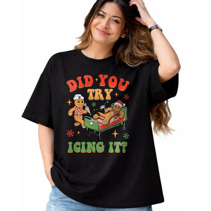 Funny Nurse Shirt, Nurse Unisex T-Shirt/Hoodie/Sweatshirt HLT00 - Retro ICU Nurse Christmas Gingerbread Did You Try Icing It T-Shirt