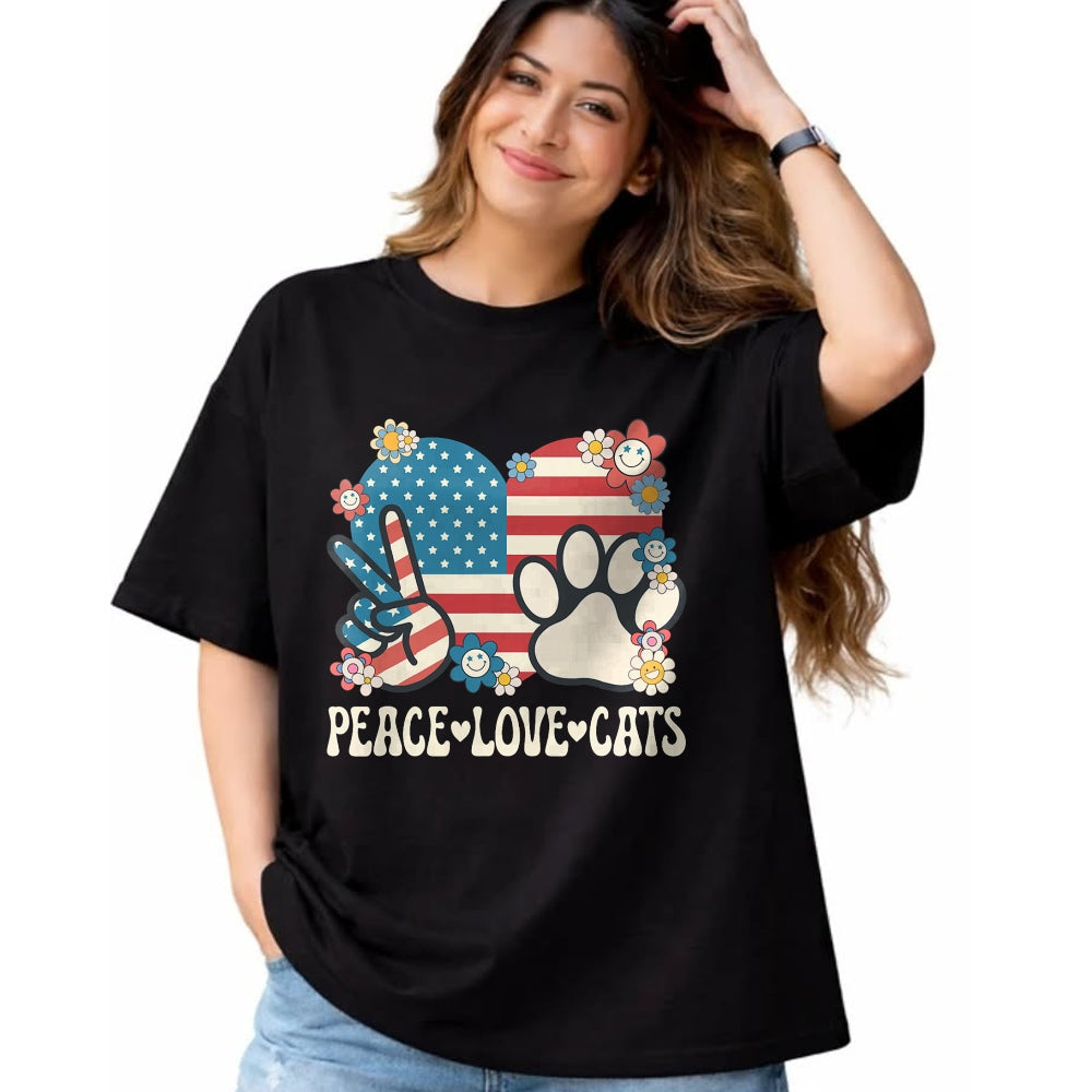 Cat Love Shirt, Funny Cat Lover Gift UnisexT-Shirt/Hoodie/Sweatshirt HLT00 - Peace Love Cats American Flag Patriotic Cat Lover Retro Cat T-Shirt