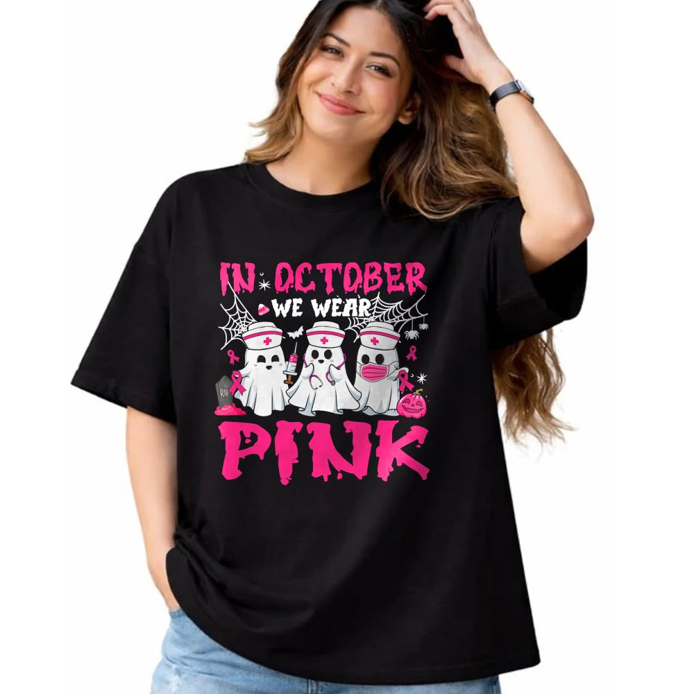 Funny Nurse Shirt, Nurse Unisex T-Shirt/Hoodie/Sweatshirt HLT00 - In October We Wear Pink Nurse Ghost Halloween Breast Cancer T-Shirt