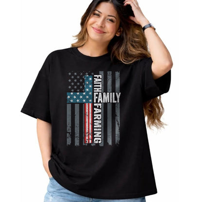 Best Farmer Life Shirt, Funny Farmer UnisexT-Shirt/Hoodie/Sweatshirt HLT00 - Faith Family Farming Freedom - Christian Farmer Cross Flag T-Shirt