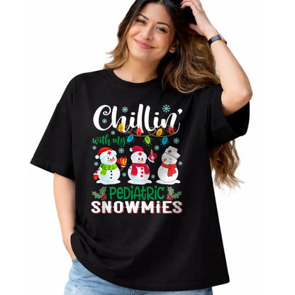 Funny Nurse Shirt, Nurse Unisex T-Shirt/Hoodie/Sweatshirt HLT00 - Chillin With My Pediatric Snowmies Nurse Light Christmas T-Shirt