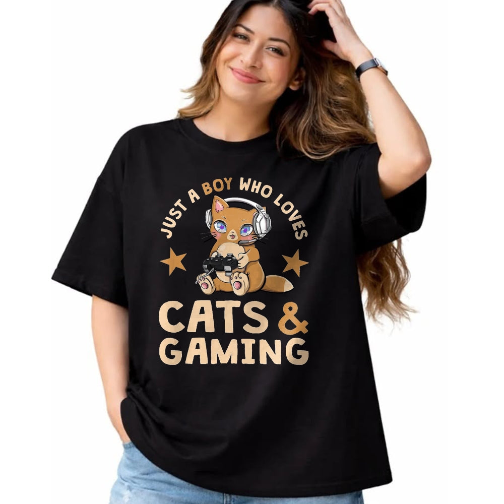 Cat Love Shirt, Funny Cat Lover Gift UnisexT-Shirt/Hoodie/Sweatshirt HLT00 - Just A Boy Who Loves Cats and Gaming Cute Gamer Cat T-Shirt, Men, Black, 3X-Large
