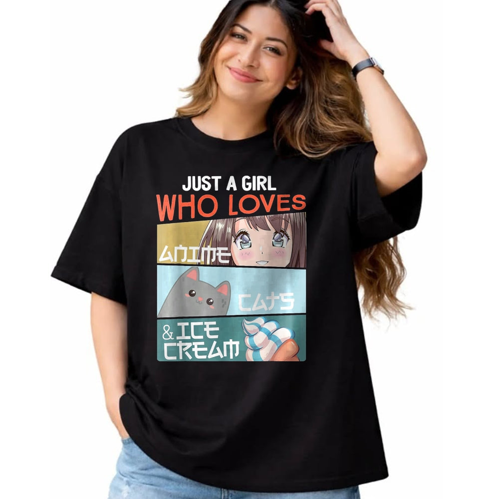 Cat Love Shirt, Funny Cat Lover Gift UnisexT-Shirt/Hoodie/Sweatshirt HLT00 - Just A Girl Who Loves Anime Cats Ice Cream Otaku Manga Lover T-Shirt, Women, Baby Blue, Large