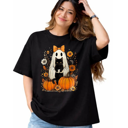 Cat Love Shirt, Funny Cat Lover Gift UnisexT-Shirt/Hoodie/Sweatshirt HLT00 - Vintage Halloween Ghost Holding Black Cat Groovy Floral T-Shirt, Women_s Plus, Black, 2X