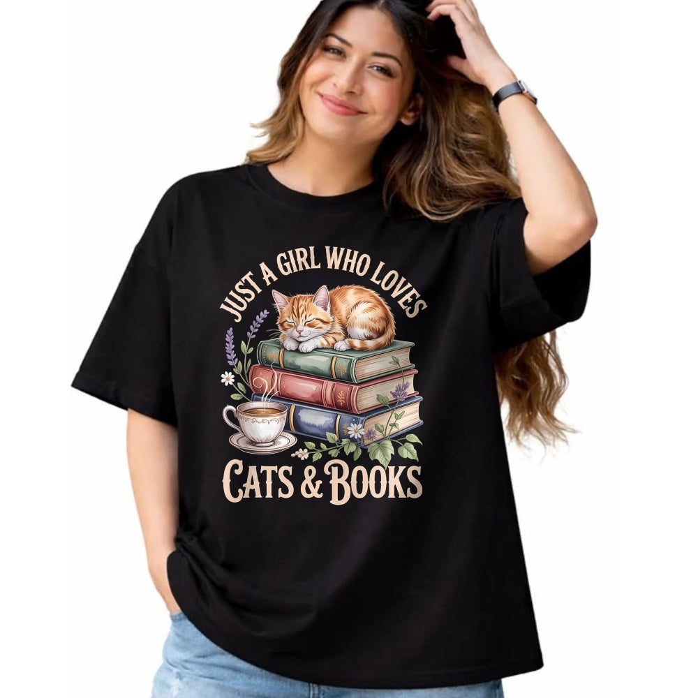 Cat Love Shirt, Funny Cat Lover Gift UnisexT-Shirt/Hoodie/Sweatshirt HLT00 - Just A Girl Who Loves Cats and Books Reading Librarian T-Shirt (1)