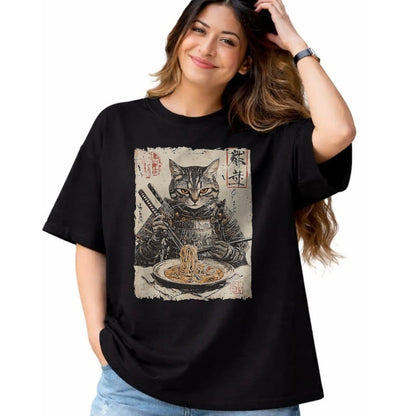 Cat Love Shirt, Funny Cat Lover Gift UnisexT-Shirt/Hoodie/Sweatshirt HLT00 - Samurai Cat Loves Ramen Funny Anime Japanese Artwork Samurai T-Shirt, Men, Black, X-Large