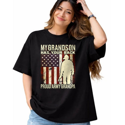 Best Grandpa Shirt, Proud Grandpa Unisex T-Shirt/Hoodie/Sweatshirt HLT00 - My Grandson Has Your Back - US Flag Proud Army Grandpa Gift Long Sleeve T-Shirt