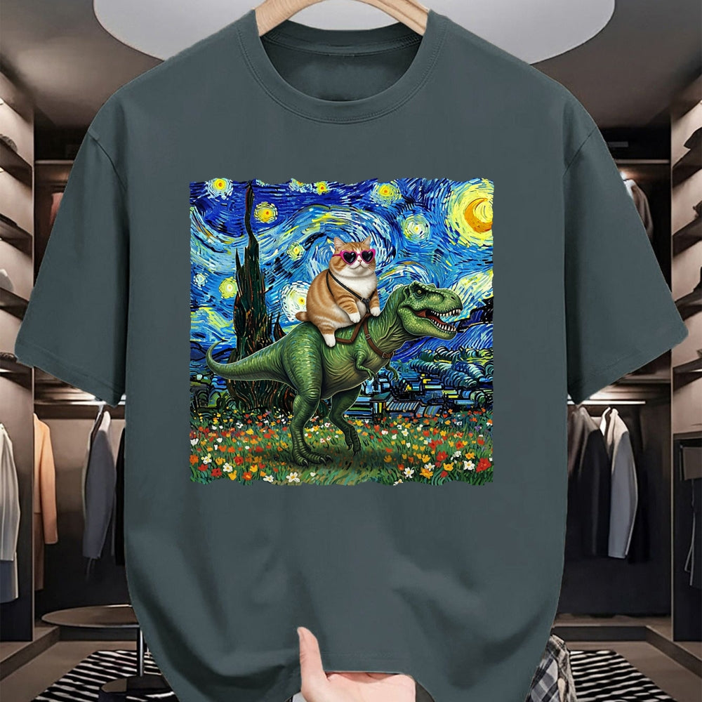 Cat Love Shirt, Funny Cat Lover Gift UnisexT-Shirt/Hoodie/Sweatshirt HLT00 - Cat Riding Dinosaur T-Rex Starry Night Van Gogh Cat Lover T-Shirt