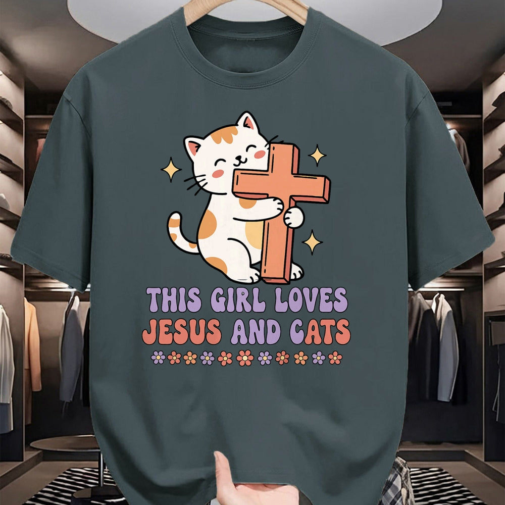 Cat Love Shirt, Funny Cat Lover Gift UnisexT-Shirt/Hoodie/Sweatshirt HLT00 - Christian This Girl Loves Jesus and Cats Cat Hugging Cross T-Shirt (1)