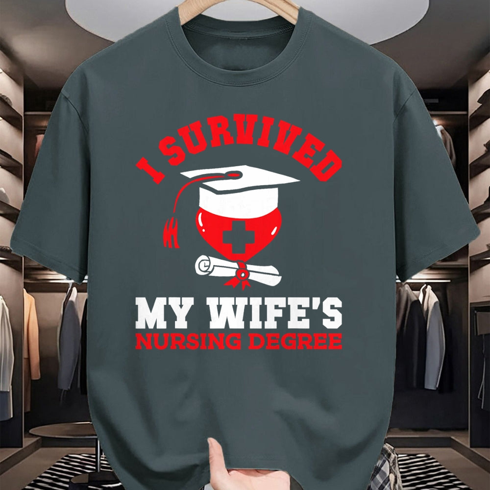 Funny Nurse Shirt, Nurse Unisex T-Shirt/Hoodie/Sweatshirt HLT00 - I Survived My Wife's Nursing Degree Nurse RN Graduation 2024 T-Shirt