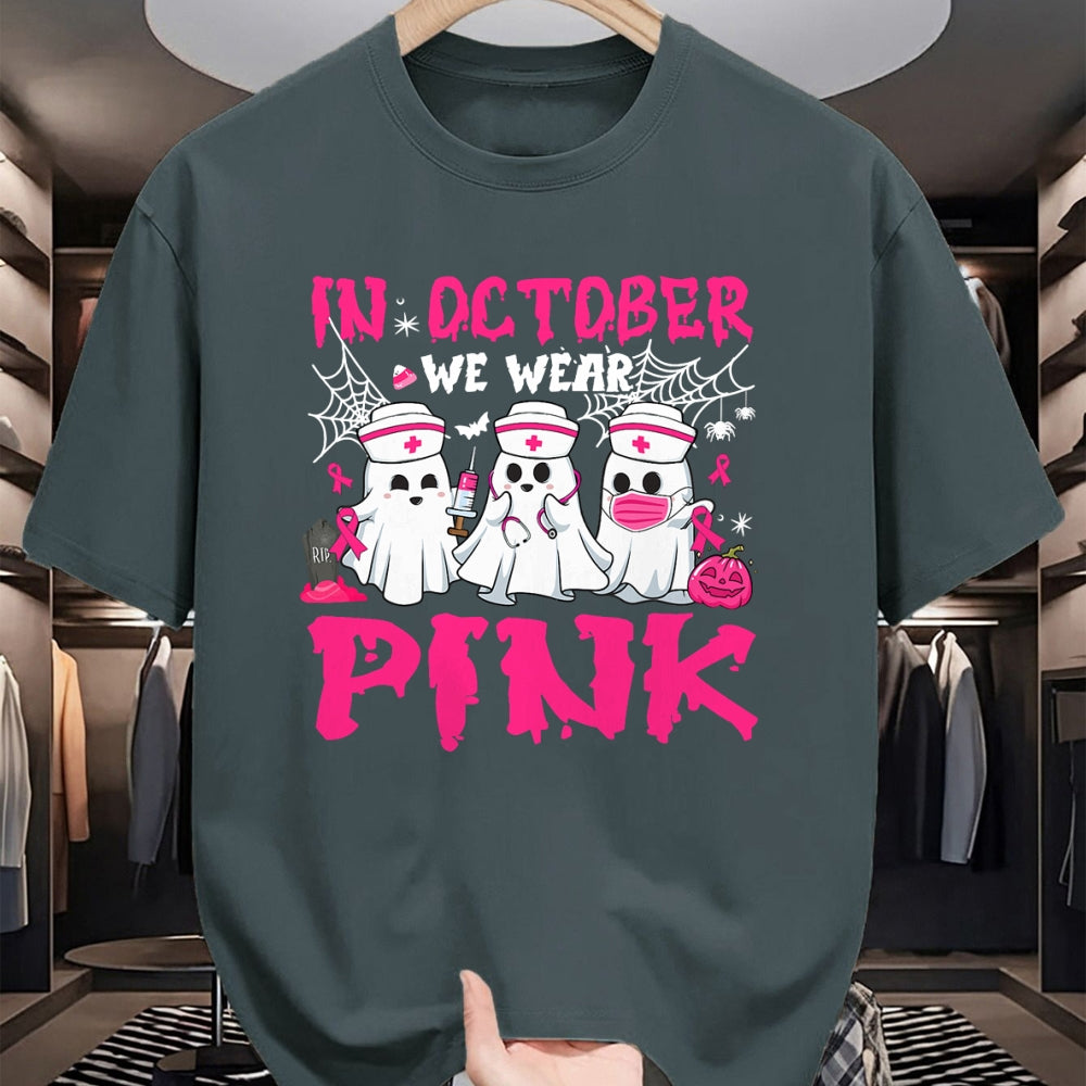Funny Nurse Shirt, Nurse Unisex T-Shirt/Hoodie/Sweatshirt HLT00 - In October We Wear Pink Nurse Ghost Halloween Breast Cancer T-Shirt