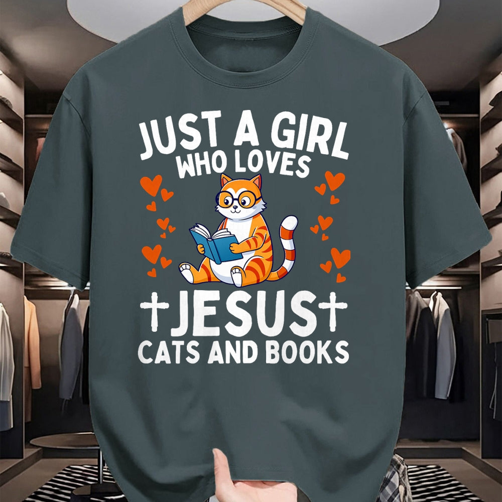 Cat Love Shirt, Funny Cat Lover Gift UnisexT-Shirt/Hoodie/Sweatshirt HLT00 - Just A Girl Who Loves Jesus Cats and Books Christian T-Shirt (1)