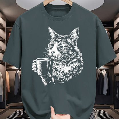 Cat Love Shirt, Funny Cat Lover Gift UnisexT-Shirt/Hoodie/Sweatshirt HLT00 - Cat Drinking Coffee Lover Barista Funny Animal Tired Cat T-Shirt