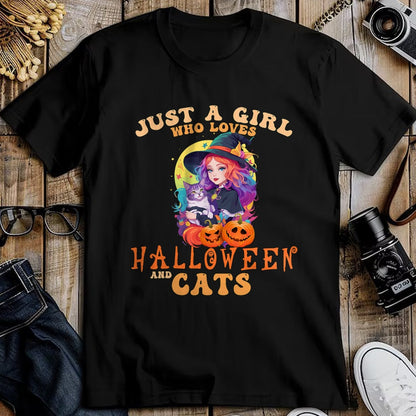 Cat Love Shirt, Funny Cat Lover Gift UnisexT-Shirt/Hoodie/Sweatshirt HLT00 - Just A Girl Who Loves Halloween and Cats Spooky Fall Pumpkin T-Shirt