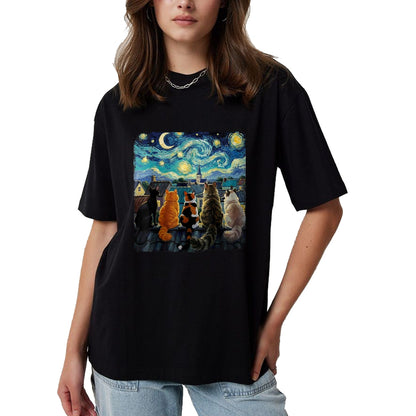 Cat Love Shirt, Funny Cat Lover Gift UnisexT-Shirt/Hoodie/Sweatshirt HLT00 - Funny Cat Starry Night Van Gogh Cats Rooftop Scene Feline T-Shirt, Women, Black, 3X-Large