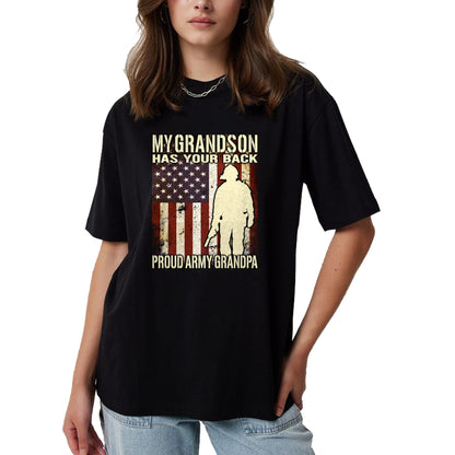 Best Grandpa Shirt, Proud Grandpa Unisex T-Shirt/Hoodie/Sweatshirt HLT00 - My Grandson Has Your Back - US Flag Proud Army Grandpa Gift Long Sleeve T-Shirt