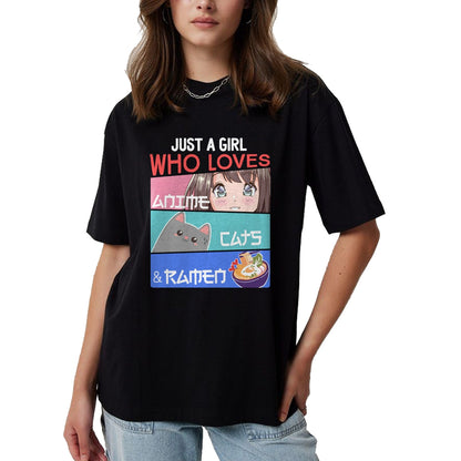 Cat Love Shirt, Funny Cat Lover Gift UnisexT-Shirt/Hoodie/Sweatshirt HLT00 - Just A Girl Who Loves Anime Cats & Ramen Lover Kawaii Otaku Long Sleeve T-Shirt