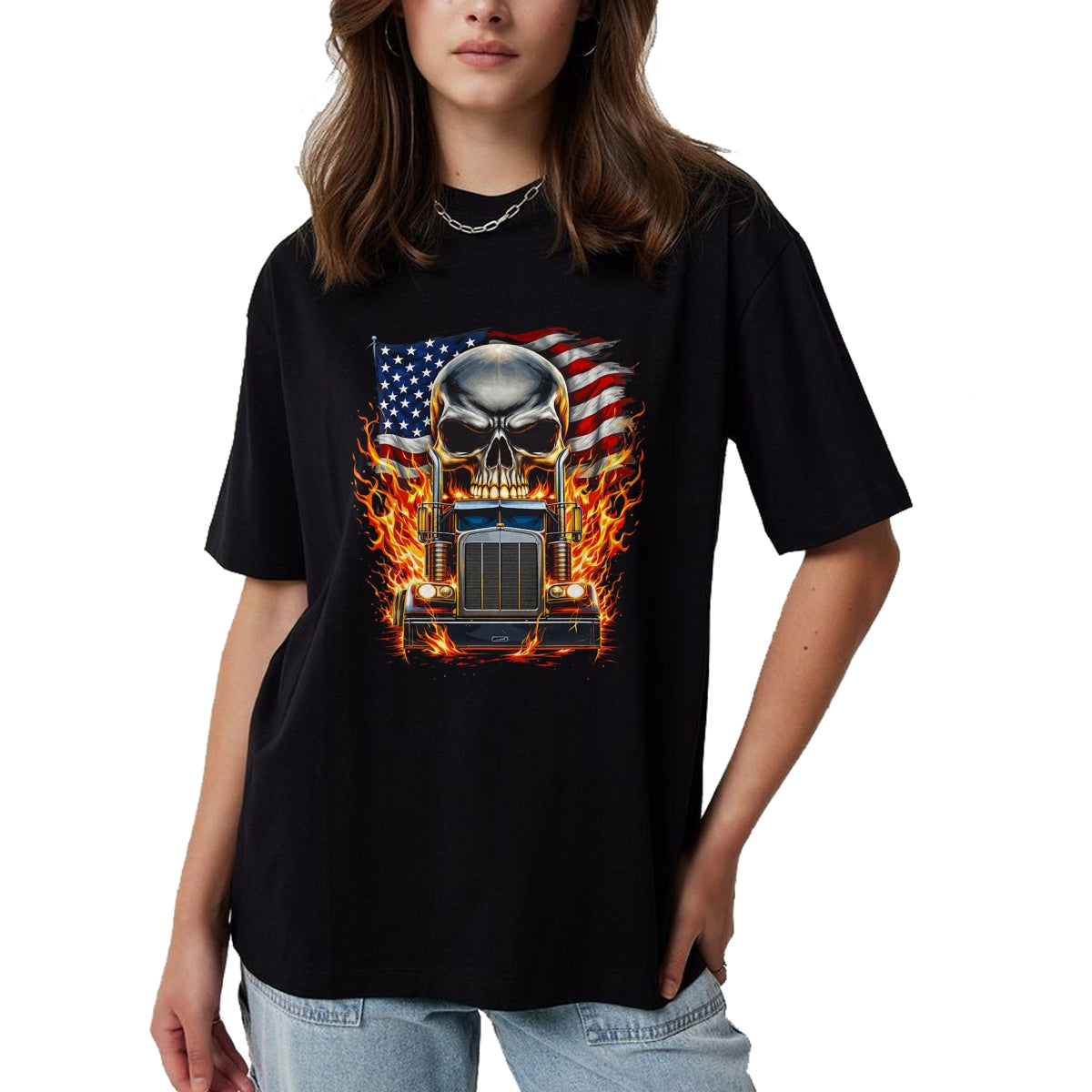 Best Truck Driver Life Shirt, Funny Trucker UnisexT-Shirt/Hoodie/Sweatshirt HLT00 - Trucker Patriotic American Flag Semi Truck Driver Skull T-Shirt (3)