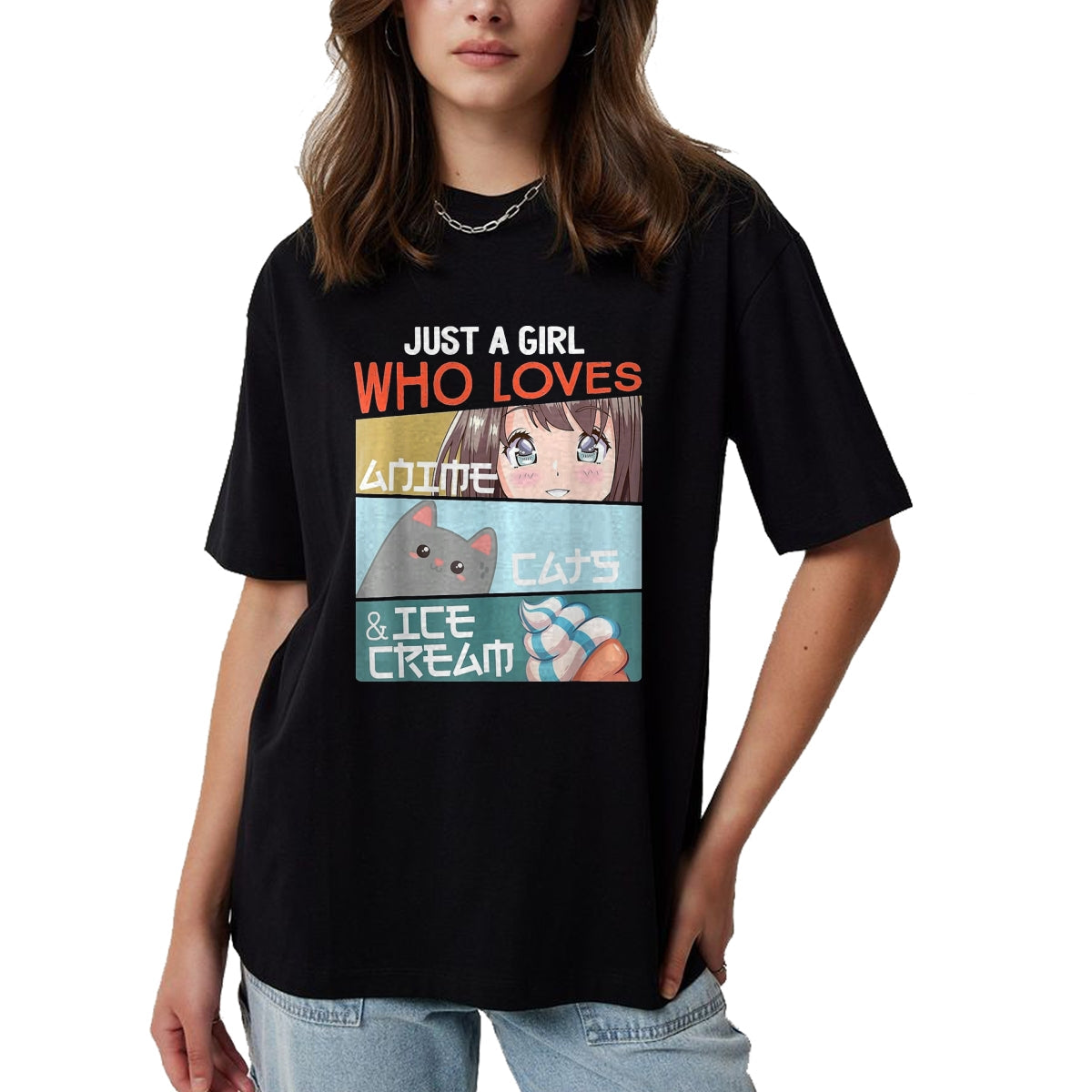 Cat Love Shirt, Funny Cat Lover Gift UnisexT-Shirt/Hoodie/Sweatshirt HLT00 - Just A Girl Who Loves Anime Cats Ice Cream Otaku Manga Lover T-Shirt, Women, Baby Blue, Large