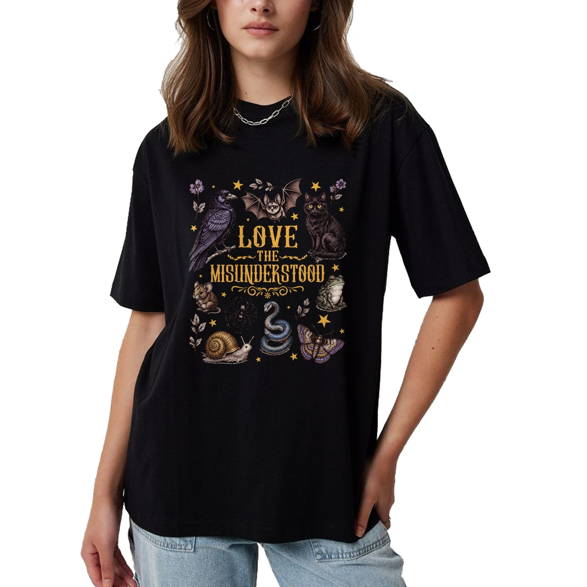 Cat Love Shirt, Funny Cat Lover Gift UnisexT-Shirt/Hoodie/Sweatshirt HLT00 - Vintage Love The Misunderstood Bat Raven Cat Snake Moth Frog T-Shirt