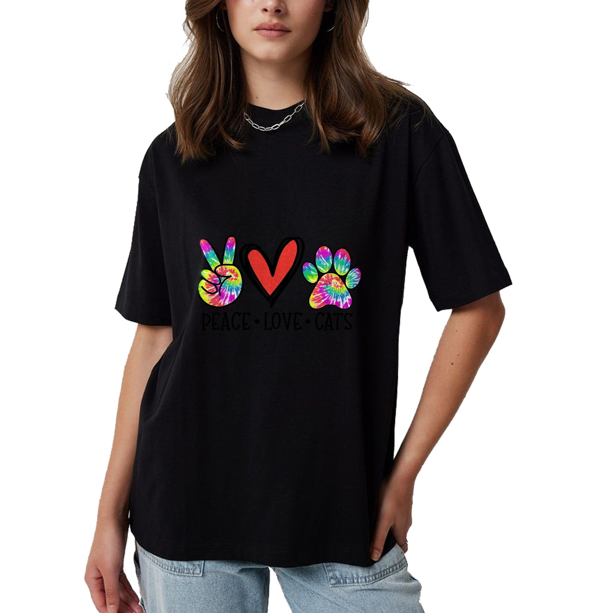 Cat Love Shirt, Funny Cat Lover Gift UnisexT-Shirt/Hoodie/Sweatshirt HLT00 - Peace Love Cats Paws Tie Dye Rainbow Animal Rescue Womens T-Shirt