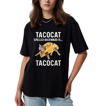 Cat Love Shirt, Funny Cat Lover Gift UnisexT-Shirt/Hoodie/Sweatshirt HLT00 - Tacocat Spelled Backward is Tacocat - Love Cat and Taco T-Shirt, Men, Black, Medium (1)