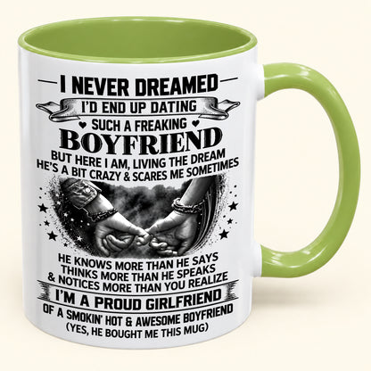 I’M A PROUD GIRLFRIEND OF A SMOKIN’ HOT & AWESOME BOYFRIEND - FUNNY CHRISTMAS 2026 - GIFT ACCENT COFFEE MUG - HLT00 (SKU2610-615)