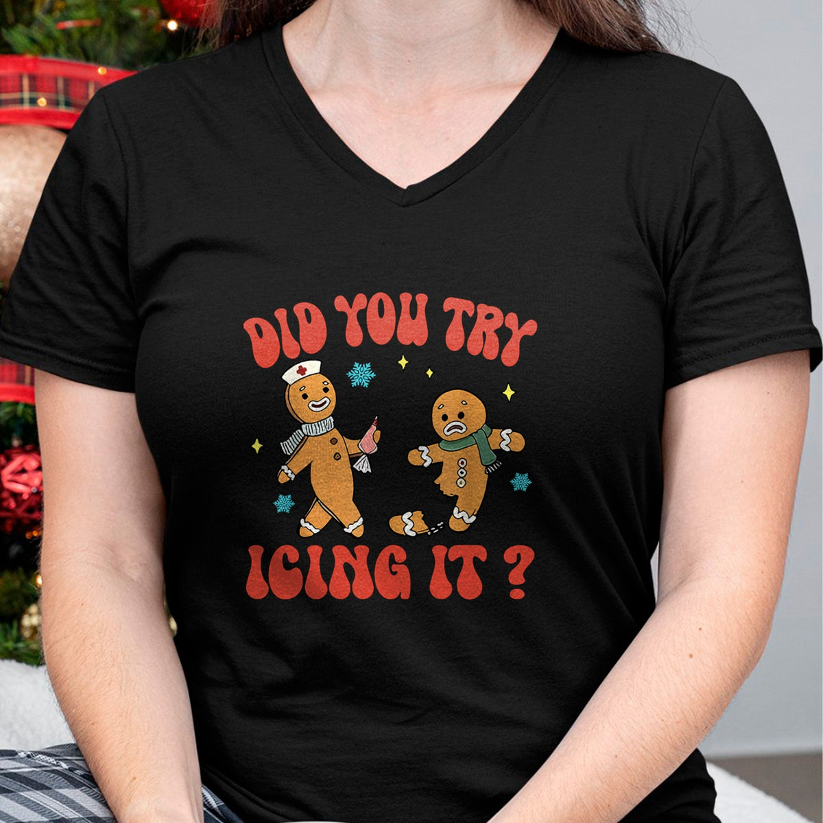 Funny Nurse Shirt, Nurse Unisex T-Shirt/Hoodie/Sweatshirt HLT00 - Did You Try Icing It Funny Christmas Nurse Gingerbread Man Long Sleeve T-Shirt