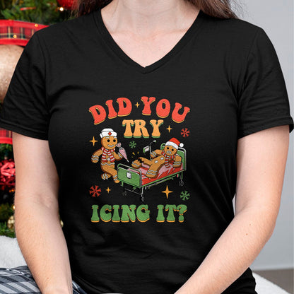 Funny Nurse Shirt, Nurse Unisex T-Shirt/Hoodie/Sweatshirt HLT00 - Retro ICU Nurse Christmas Gingerbread Did You Try Icing It T-Shirt