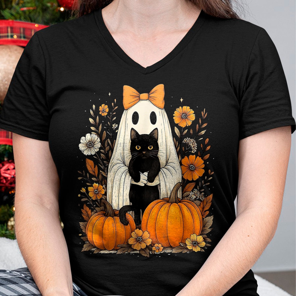 Cat Love Shirt, Funny Cat Lover Gift UnisexT-Shirt/Hoodie/Sweatshirt HLT00 - Vintage Halloween Ghost Holding Black Cat Groovy Floral T-Shirt, Women_s Plus, Black, 2X