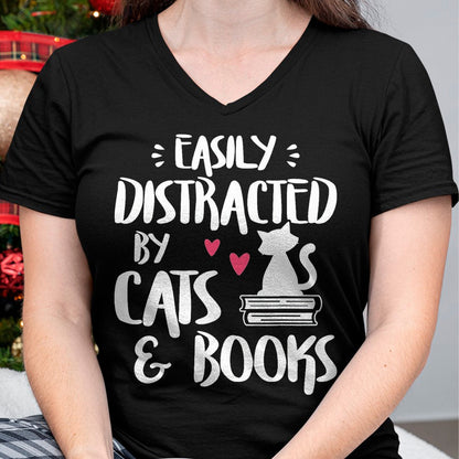Cat Love Shirt, Funny Cat Lover Gift UnisexT-Shirt/Hoodie/Sweatshirt HLT00 - Easily Distracted by Cats and Books - Cat & Book Lover T-Shirt
