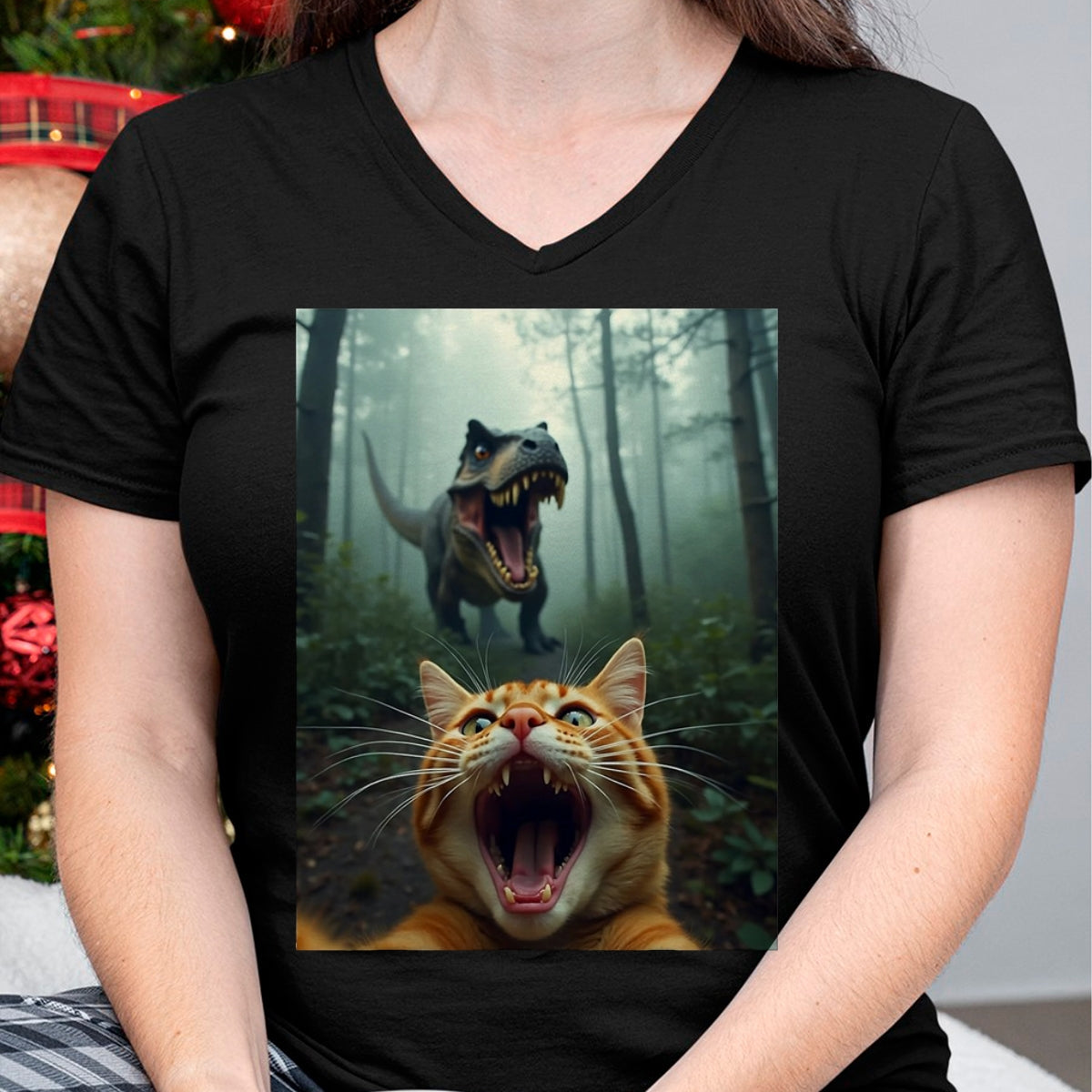 Best Dinosaur Lover Shirt, Funny Dinosaur UnisexT-Shirt/Hoodie/Sweatshirt HLT00 -Cat Selfie with T-Rex Dinosaur T-Shirt, Men, Black, 3X-Large